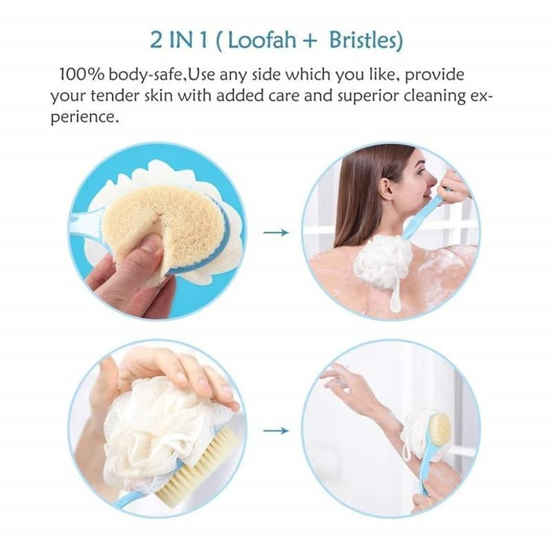 Product advertisement showing a 2-in-1 loofah with bristles, used for body care.