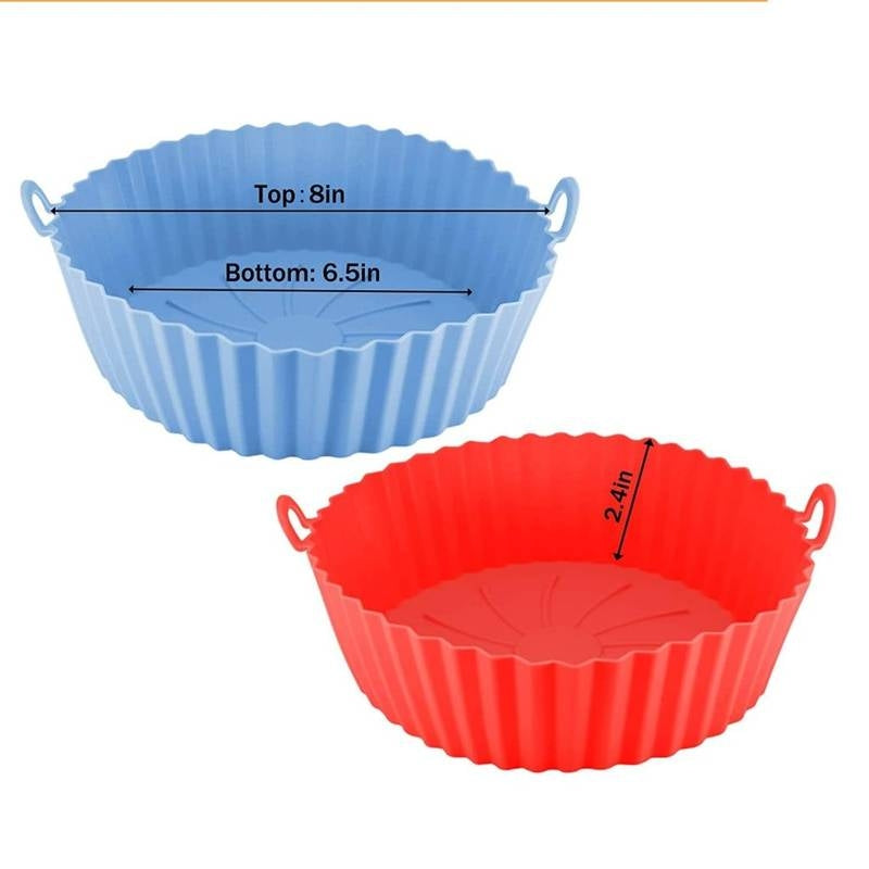 Two silicone baking molds, one blue and one red, with measurements indicated on a white background.