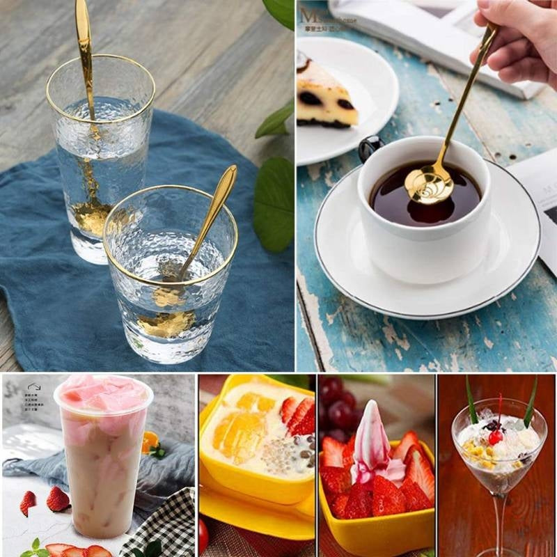 Collage of various food and drink items including glasses with gold spoons, a cup of coffee, and desserts.