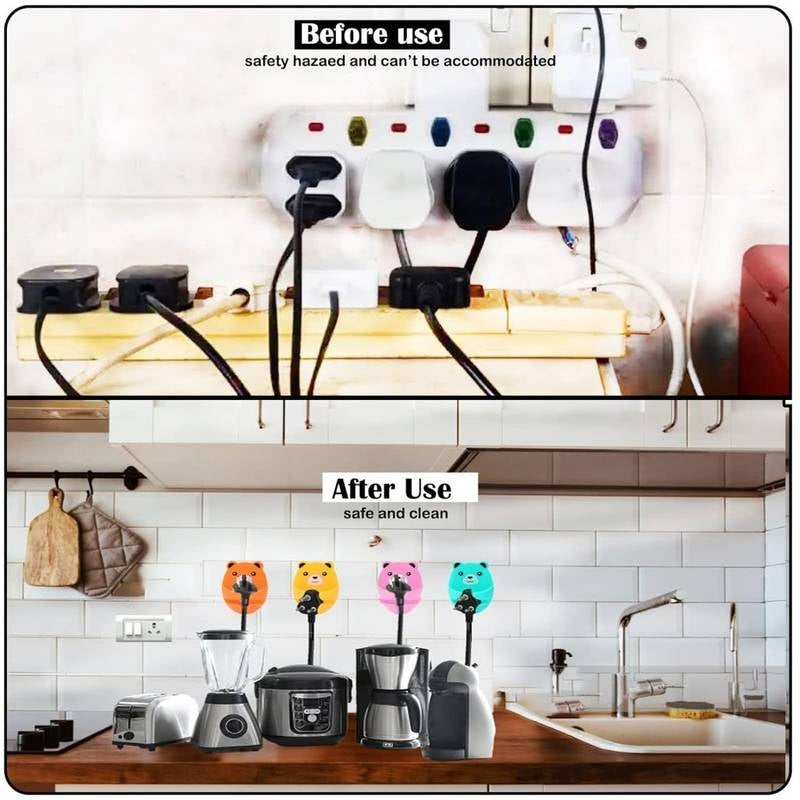 Before and after comparison of a cluttered electrical outlet with乱线 (messy wiring) and a clean, organized setup.