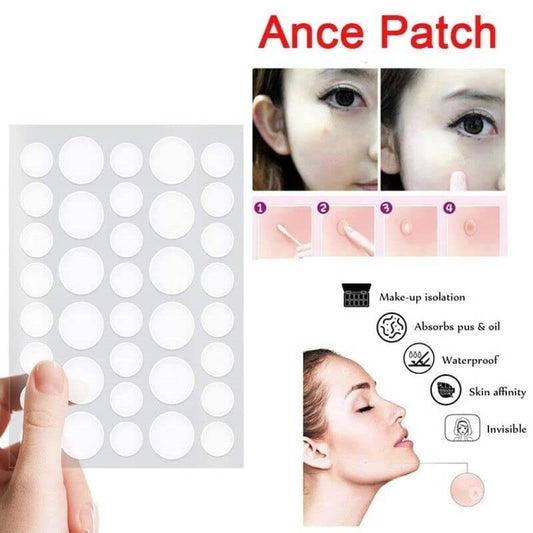 Pimple patches with images of a person applying them and text highlighting features.