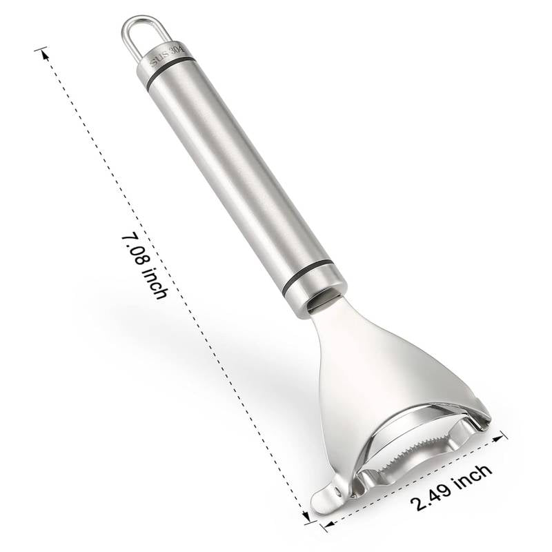 Stainless steel corn peeler with measurements on a white background