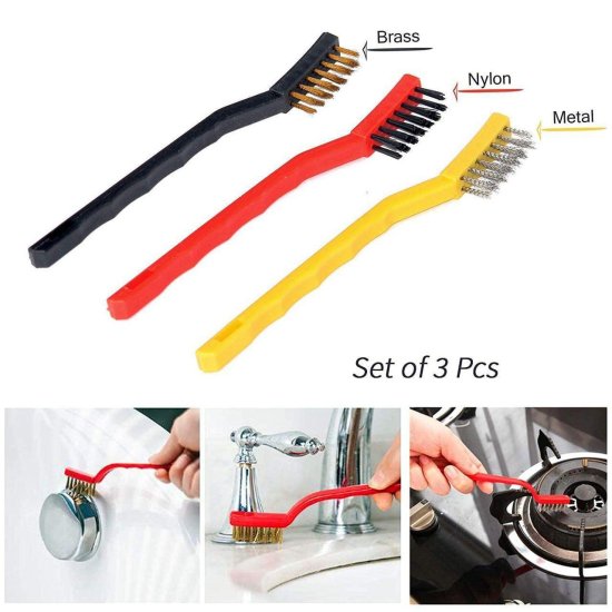 3-Piece Mini Wire Brush Set for Deep Cleaning | Scratch-Free Brass, Nylon & Stainless Steel Detail Brushes