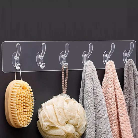 6-Hook Self-Adhesive Wall Rail Strip | Transparent Waterproof No-Drill Hanger
