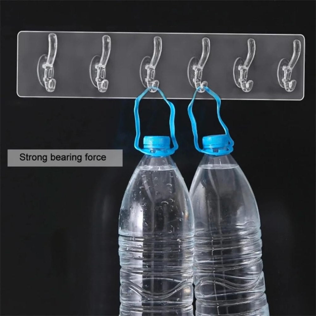 6-Hook Self-Adhesive Wall Rail Strip | Transparent Waterproof No-Drill Hanger