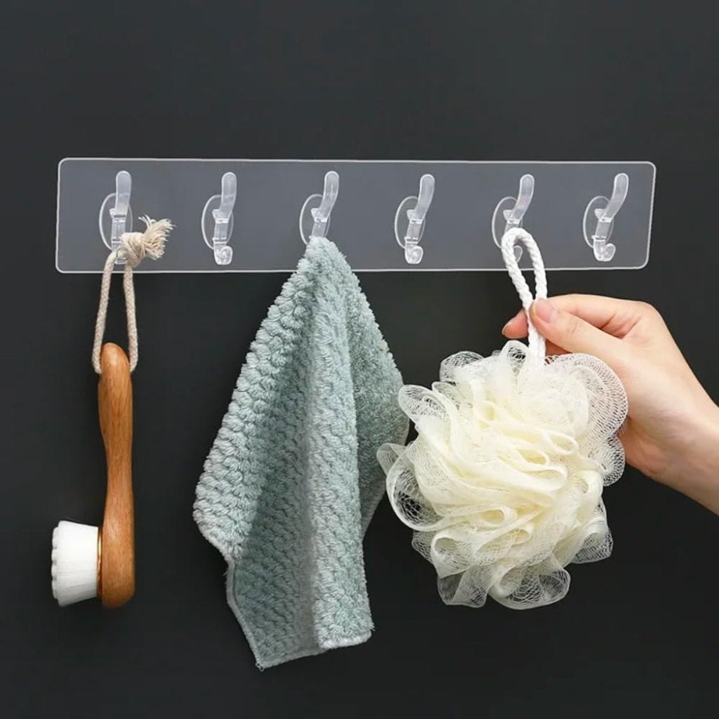 6-Hook Self-Adhesive Wall Rail Strip | Transparent Waterproof No-Drill Hanger