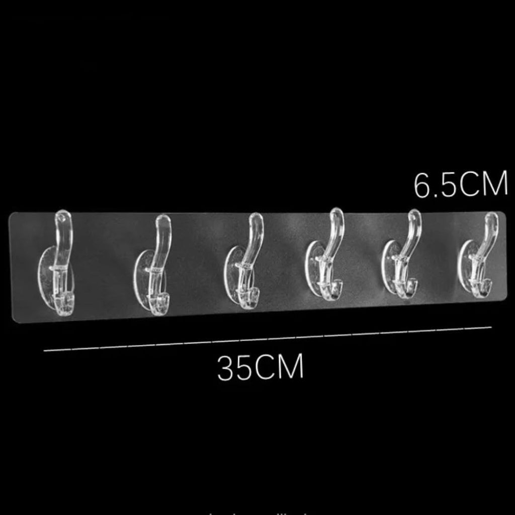 6-Hook Self-Adhesive Wall Rail Strip | Transparent Waterproof No-Drill Hanger