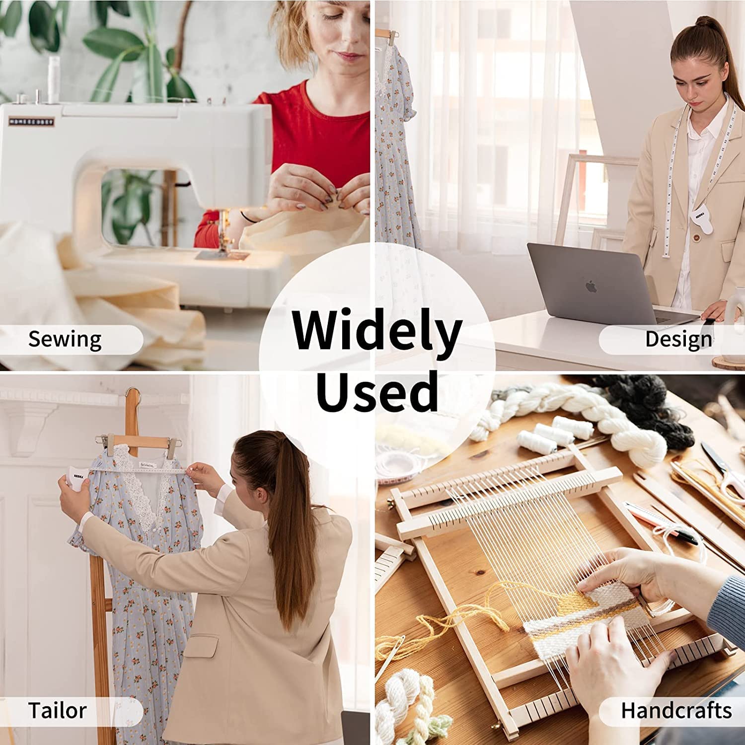Collage of a tailor, design professional, and handcrafts activities with text 'Widely Used'.
