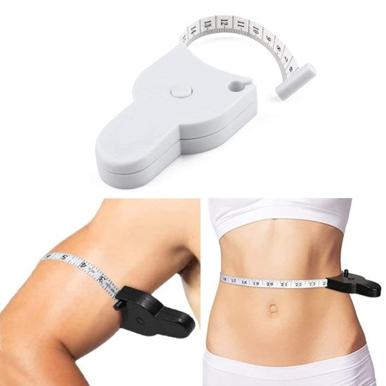 White body fat caliper and measuring tape on a white background