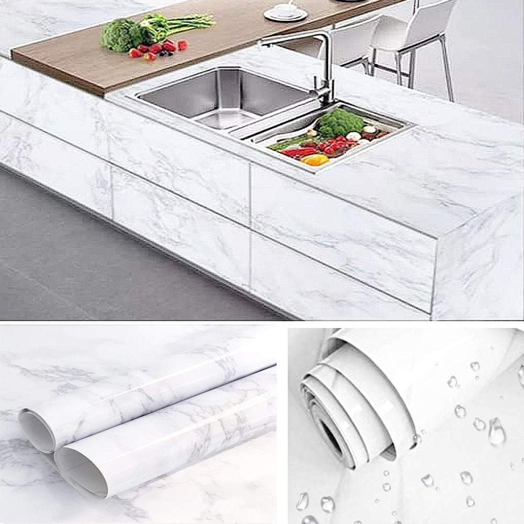Self-Adhesive White Marble Foil Roll | 60x200cm Waterproof Countertop Wallpaper