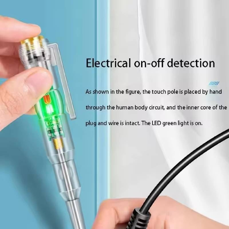 Electrical detection pen with text on a blue and white background