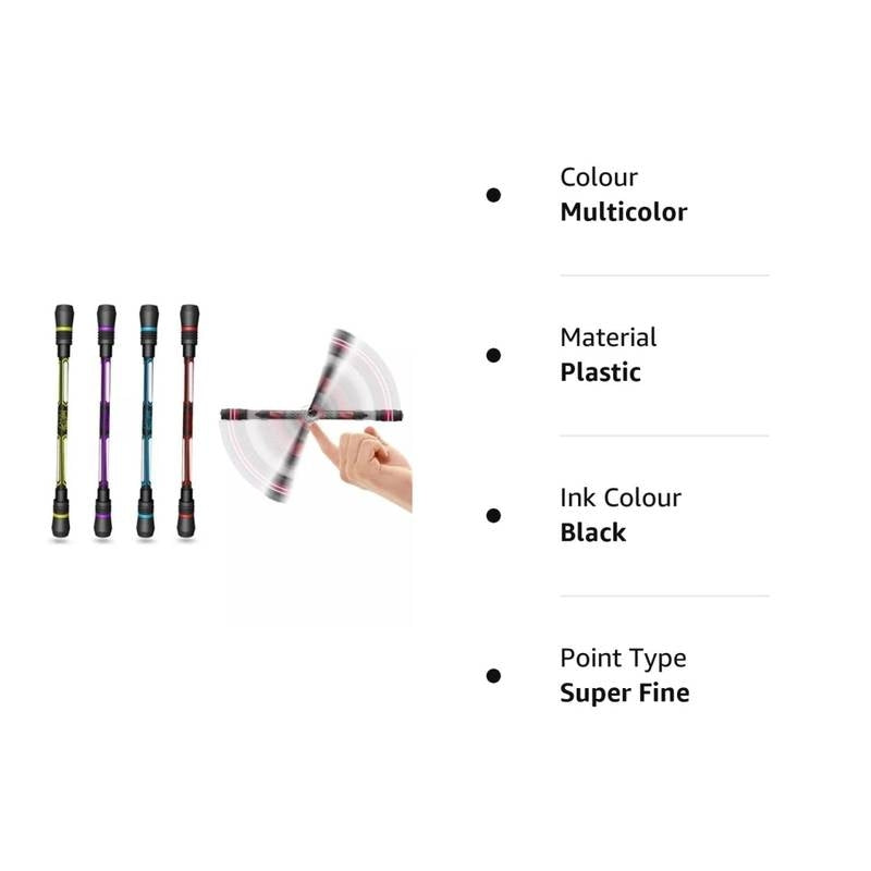 Multicolored pens with a hand holding one, on a white background with product details.