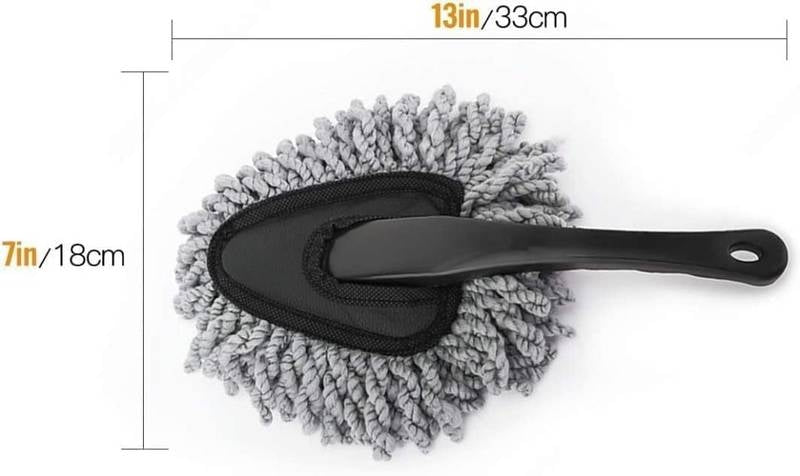 Car cleaning brush with black handle and gray bristles, shown with measurements on a white background.
