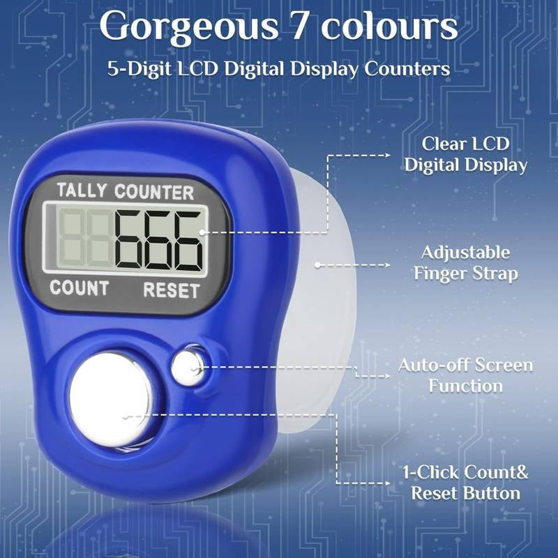 Blue tally counter with digital display on a blue background