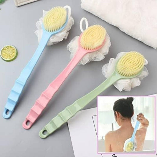 Three bath brushes with yellow bristles on a gray surface, with an inset showing a person using one of the brushes.