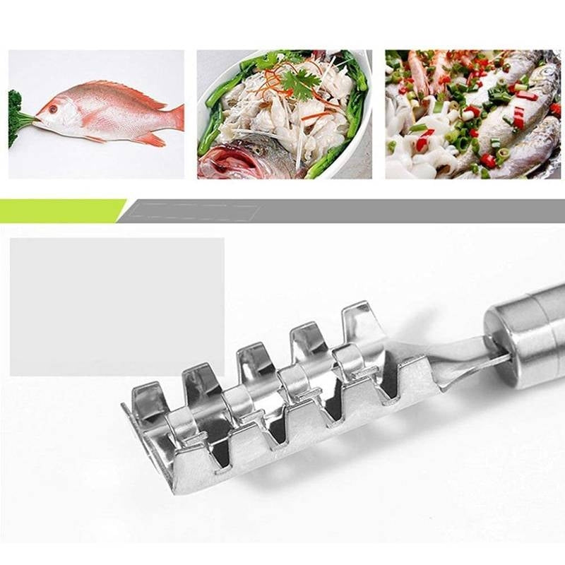 Metallic fish scaler tool with images of fish and seafood dishes in the background.