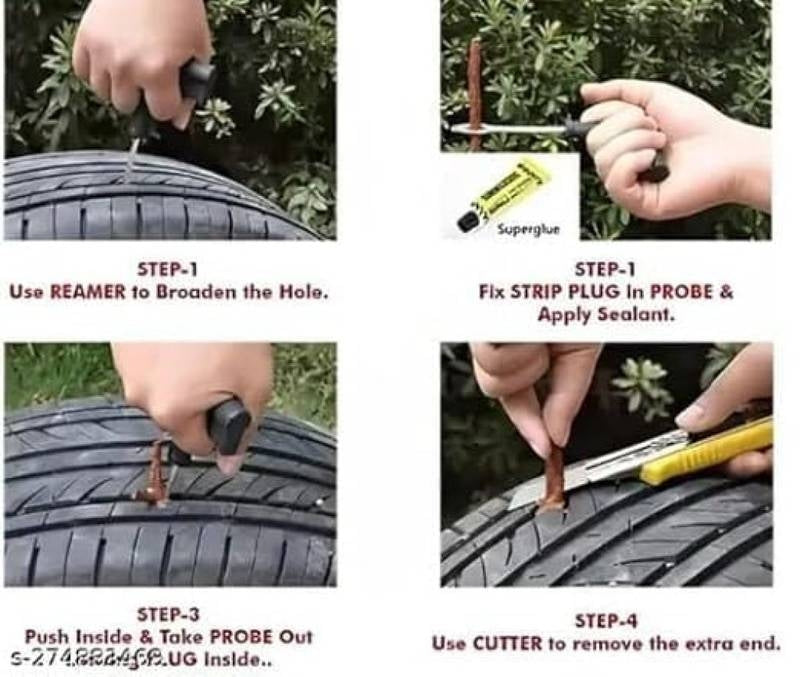 Step-by-step guide on repairing a tire with tools and sealant.