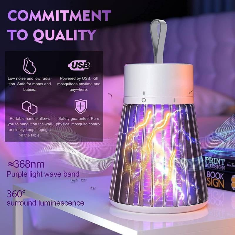 USB lamp with purple light wave band on a white surface, featuring text about quality and specifications.