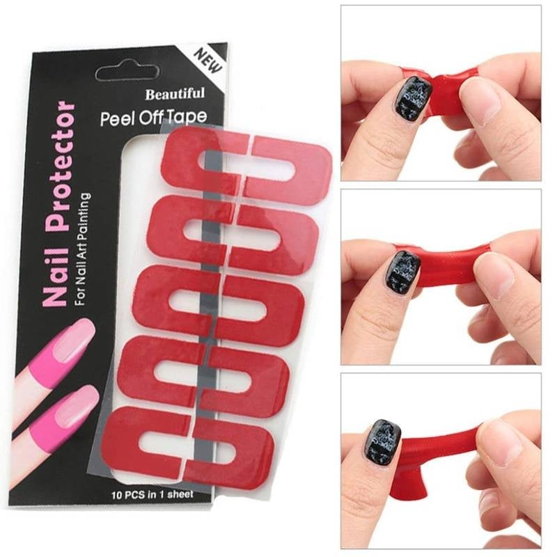 Red nail protector tape with packaging and usage examples.