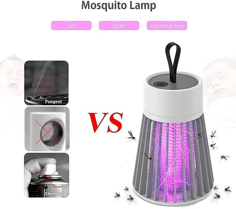 Mosquito lamp with features labeled as safe, quiet, chemical-free, and a comparison to other methods.