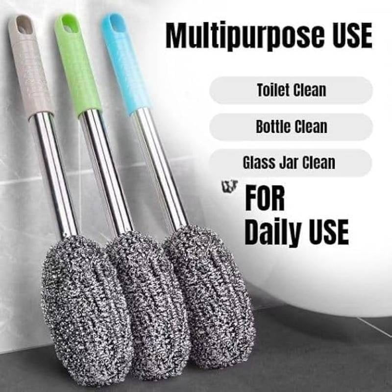 Long Handle Steel Wire Bottle Cleaning Brush – Heavy-Duty Stainless Steel Scrubber for Deep Pots, Thermos, Cast Iron & Grills – Non-Scratch Metallic Dish Scourer with Ergonomic Grip