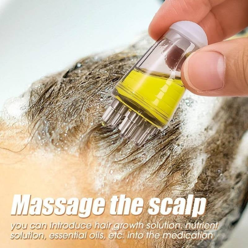 Hand holding a small bottle with yellow liquid over scalp massage, with text on hair care.