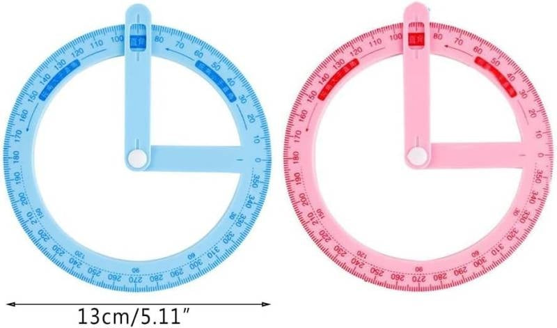Two circular protractors, one blue and one pink, with measurement labels on a white background.