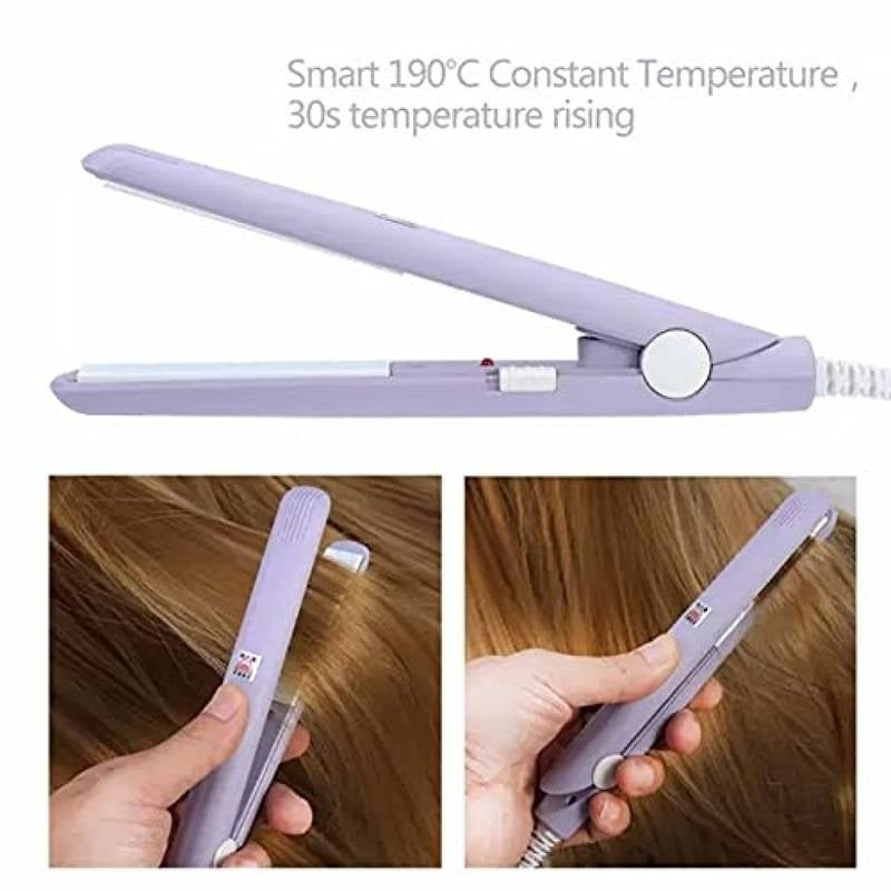Purple hair straightener with text on temperature settings, used on hair.