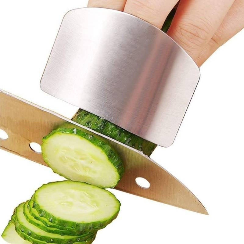 Knife with a metal ring on a white background, slicing cucumbers.