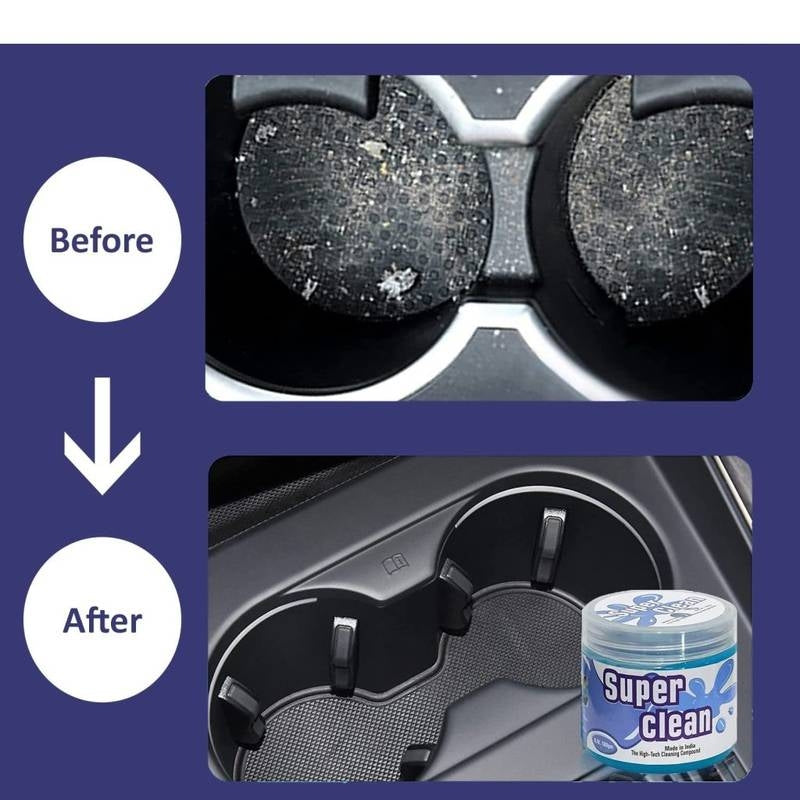 Before and after comparison of car cup holders with Super Clean product.