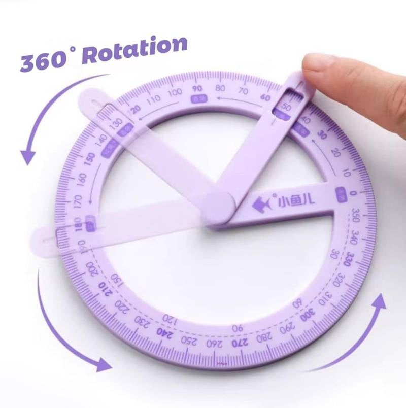 Purple protractor with 360-degree rotation feature on a white background