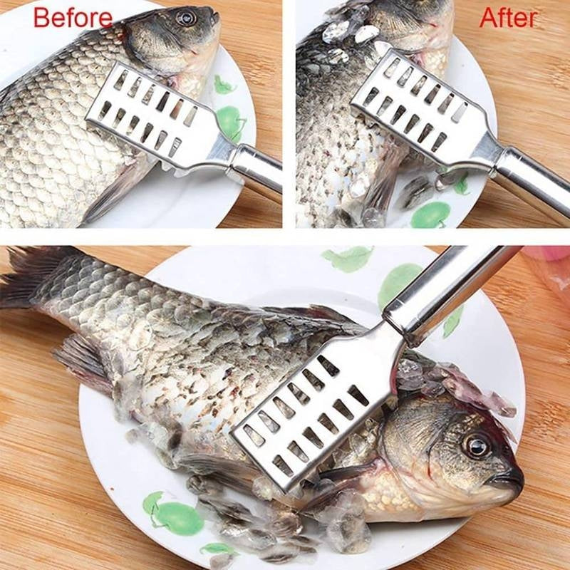 Fish scaler tool before and after use on a fish, with a wooden surface background.