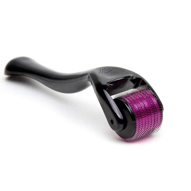 Derma roller with purple metallic head on a white background