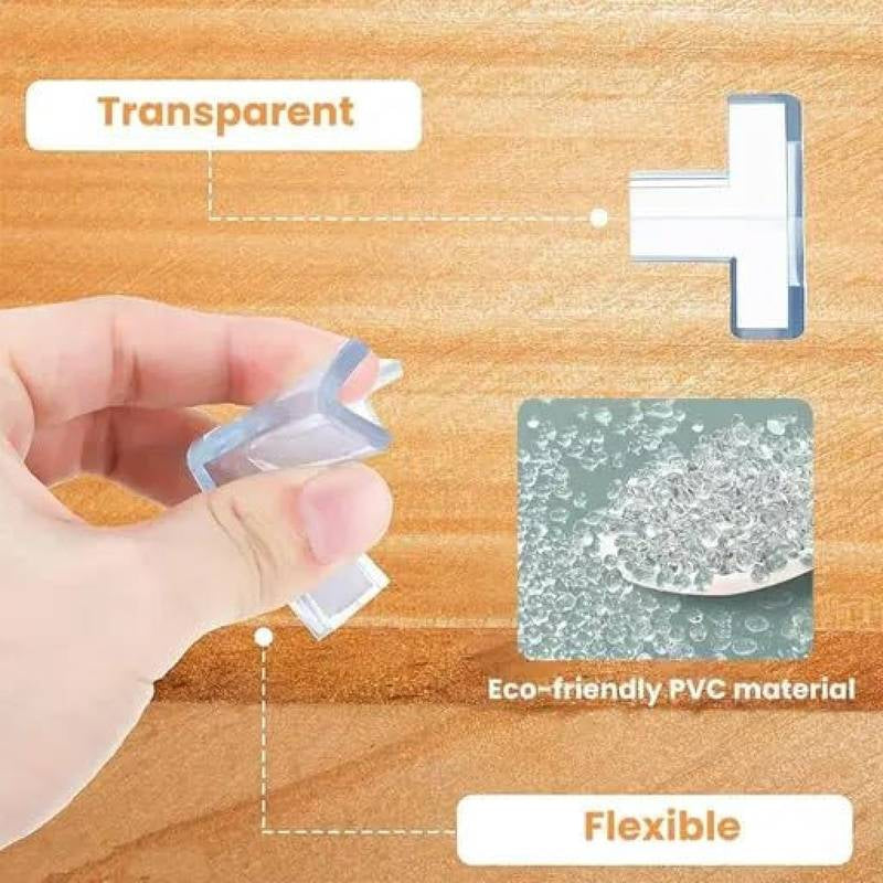 Transparent plastic clip held by a hand on a wooden surface with text highlighting eco-friendly PVC material and flexibility.