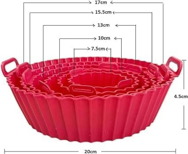 Red woven basket with dimensions indicated on a white background