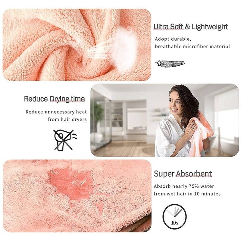 Pink towel with text highlighting its features on a white background