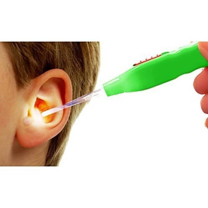 Person using a green ear cleaning tool to clean their ear with a white background