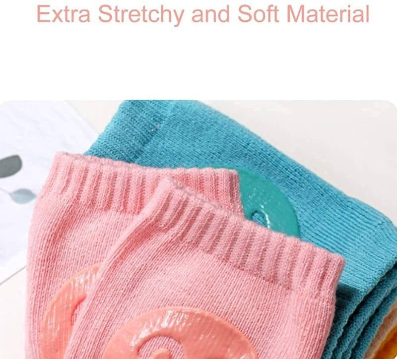 Stack of pink and blue socks with text 'Extra Stretchy and Soft Material' on a white background.