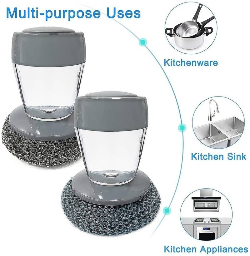 Soap Dispensing Palm Scrubber – Heavy Duty Steel Wire Dish Brush with Refillable Liquid Reservoir – Ergonomic Kitchen Scouring Tool for Pots, Pans, Grills, and Cast Iron