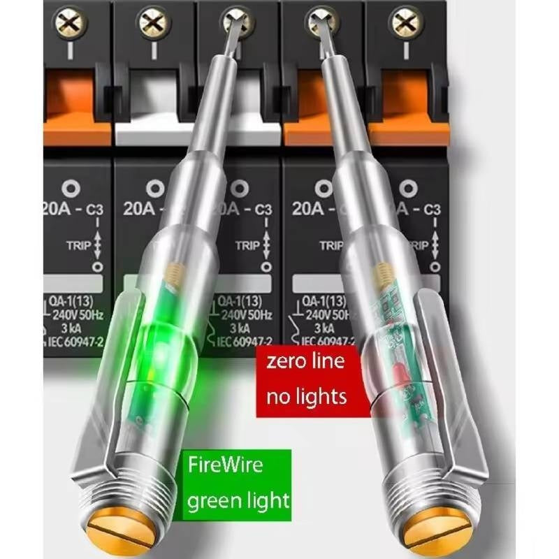 Two electrical test probes with green and red lights on a background of circuit breakers.