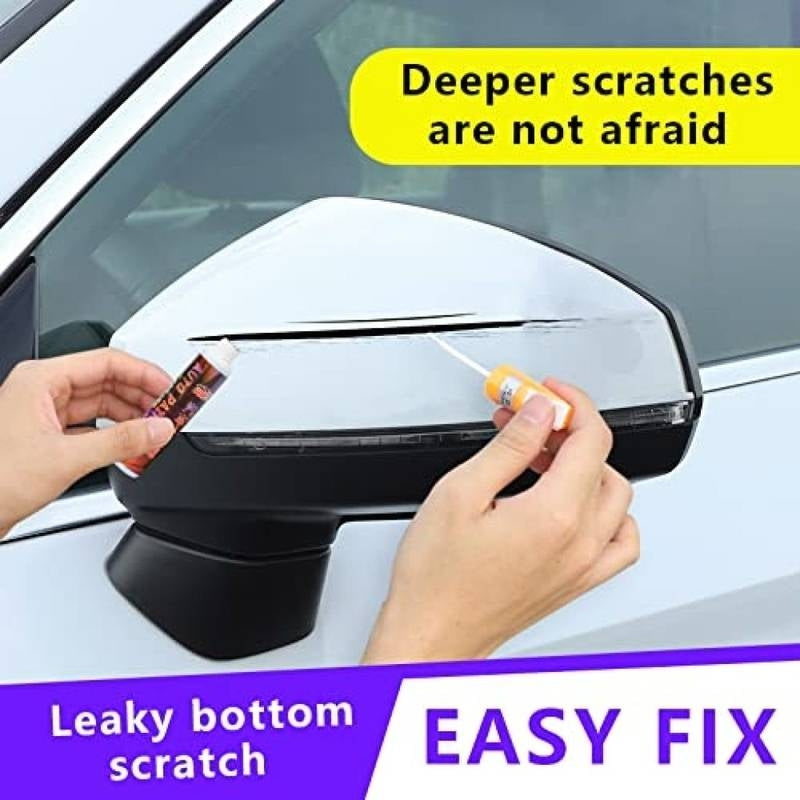 Car mirror with a scratch being repaired using a product labeled 'EASY FIX'.