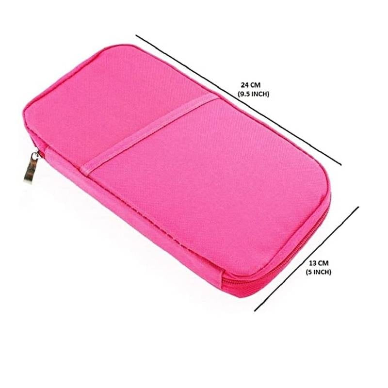 Pink zippered pouch with measurements on a white background