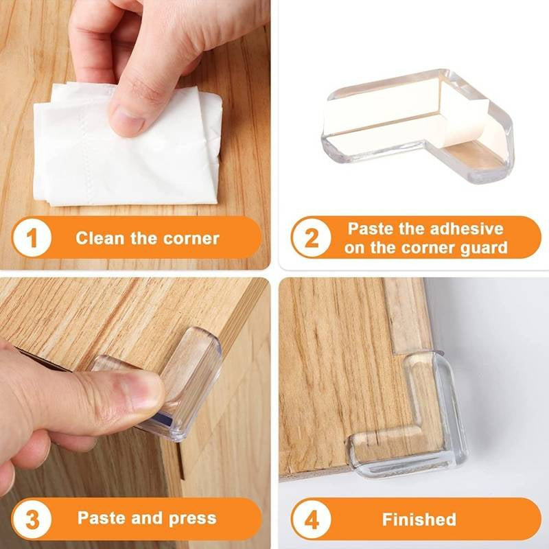 Step-by-step guide on applying a corner guard to a wooden surface.