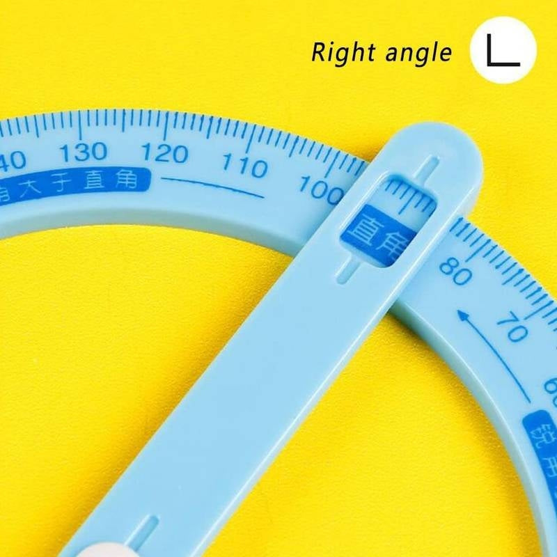 Blue protractor on a yellow background with text 'Right angle' and an 'L' symbol.