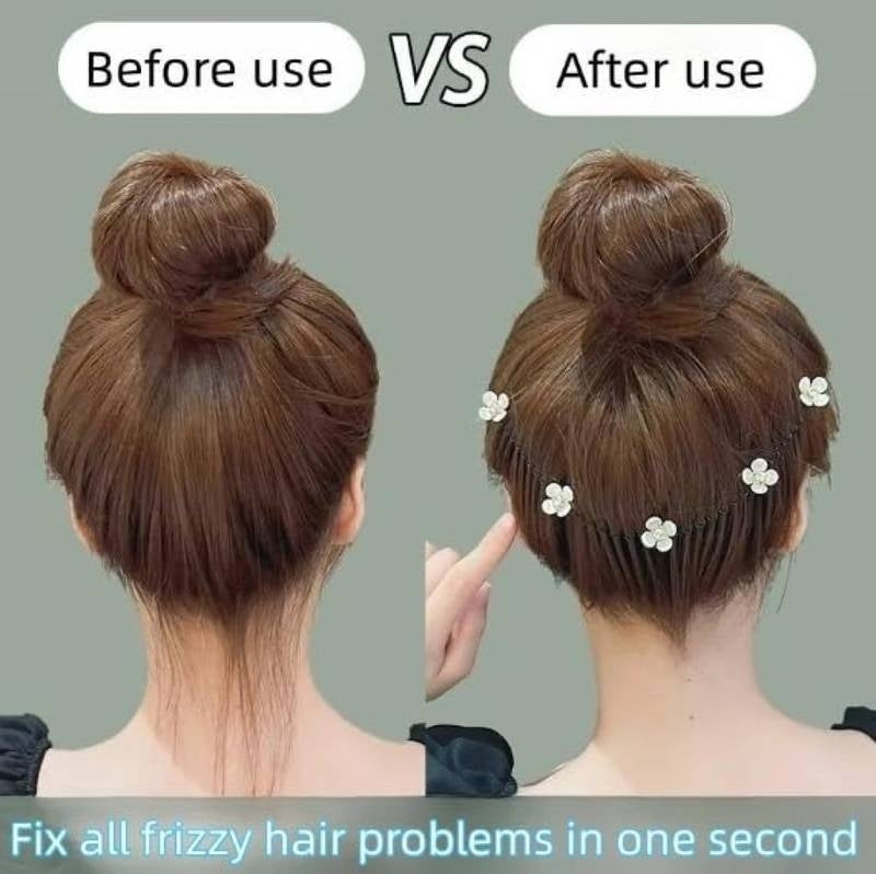 Before and after comparison of frizzy hair with hair pins on a plain background