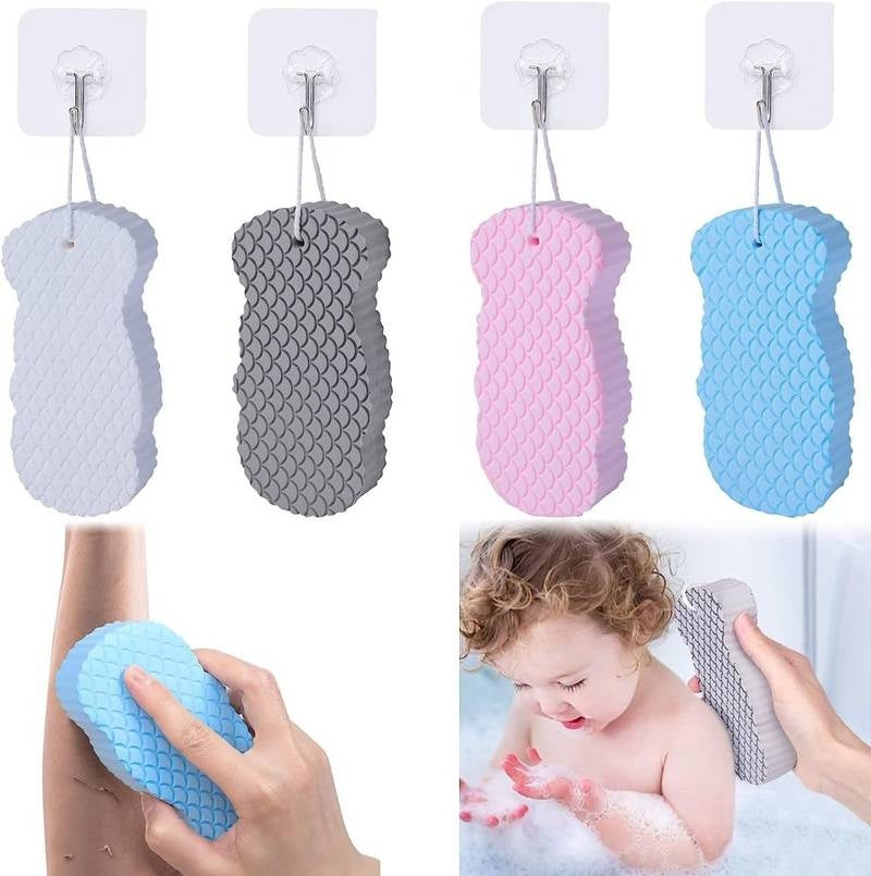 Set of four textured bath sponges in different colors with hooks, shown being used on a child.
