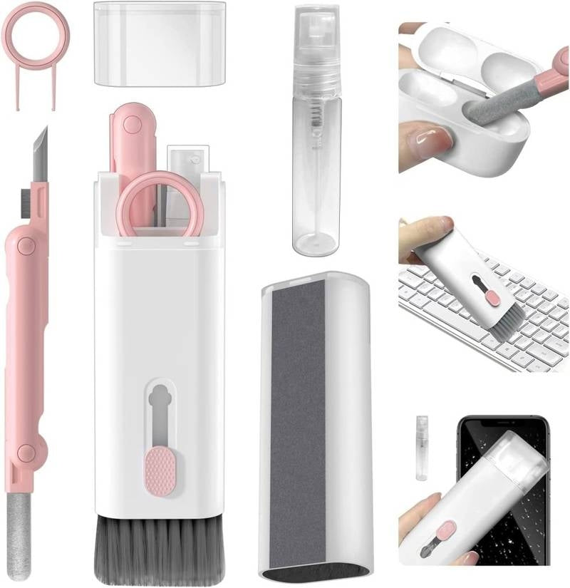 Set of cleaning tools including a brush, knife, and other items with a white background.