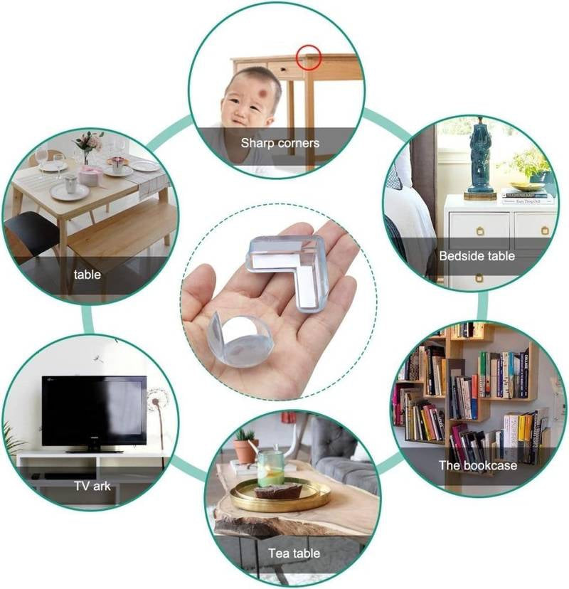 Clear corner protector being held over various household furniture with safety warnings.