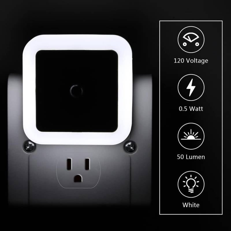 White night light plug-in device with specifications on a black background