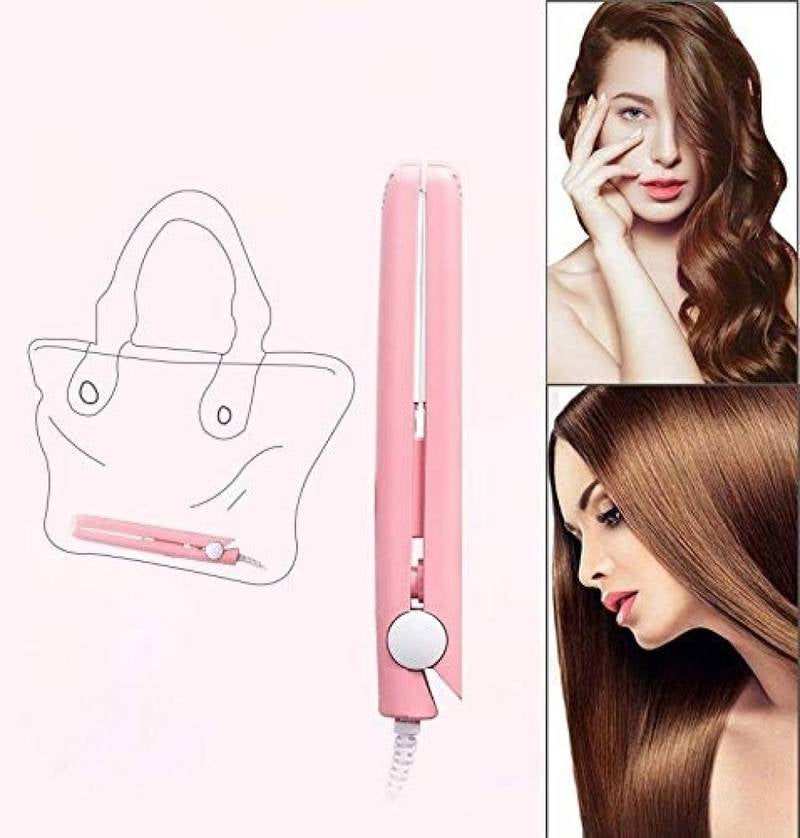 Pink hair straightener with a carrying case and images of a woman with styled hair.